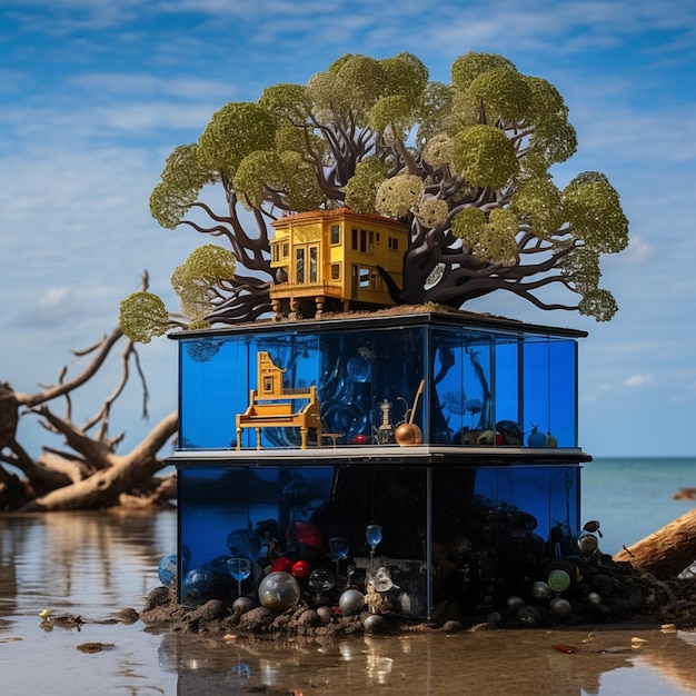 Una casa con un árbol encima