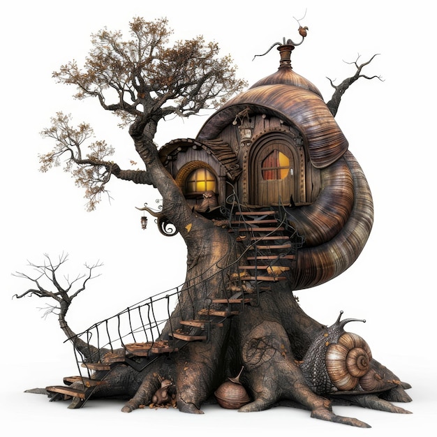 Casa en el árbol con escaleras y escaleras en espiral