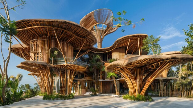 una casa de árbol con una estructura de madera que tiene un árbol en ella