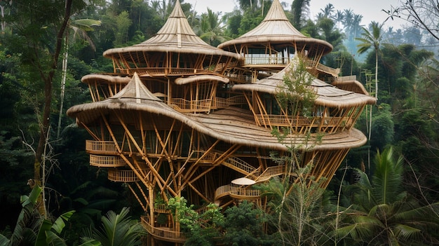 una casa de árbol con una estructura de madera que tiene un árbol en ella