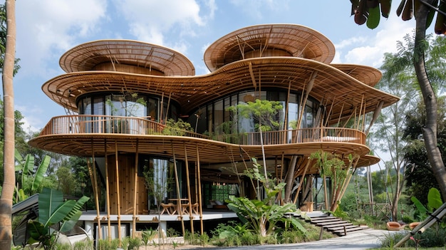 una casa de árbol con una estructura de madera que tiene un árbol en ella