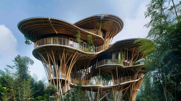 Foto una casa de árbol con una estructura de madera que tiene un árbol en ella