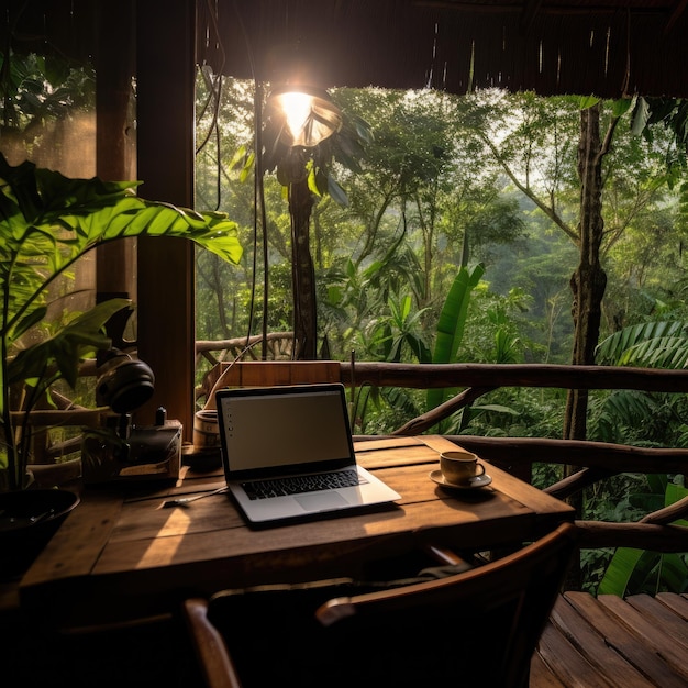 Una casa en un árbol en una exuberante jungla portátil sobre una plataforma de madera El nómada trabaja rodeado de vegetación