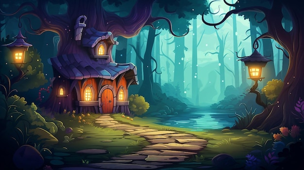 Casa del árbol de fantasía en el bosque mágico por la noche ilustración generada por IA