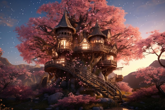 Casa en el árbol de fantasía rodeada de flores mágicas