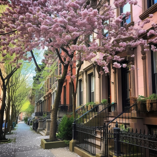 casa con un árbol en flor