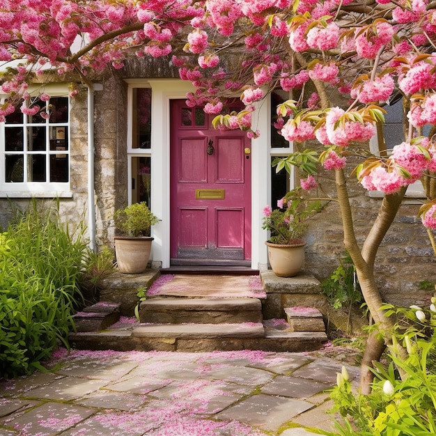 casa con un árbol en flor