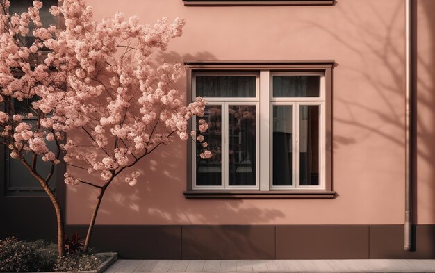 casa con un árbol en flor