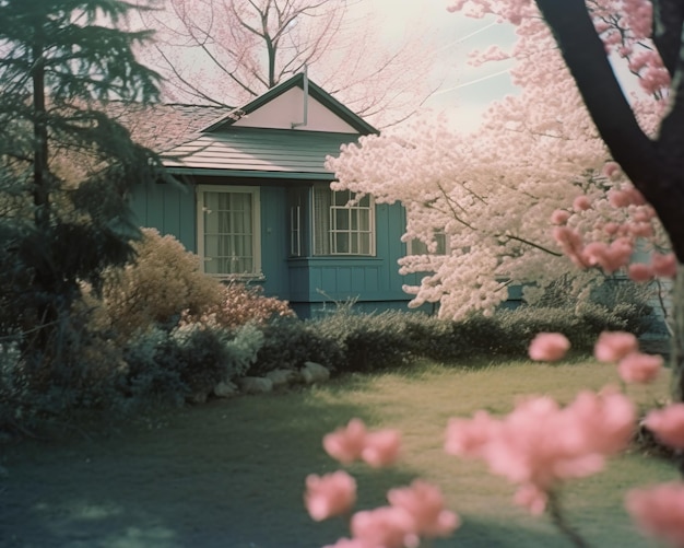 casa con un árbol en flor