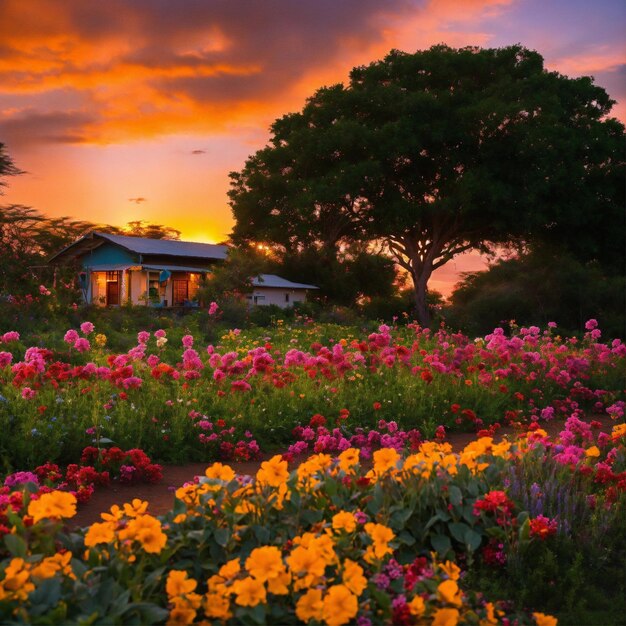 Foto una casa con un árbol en el fondo y flores en el primer plano