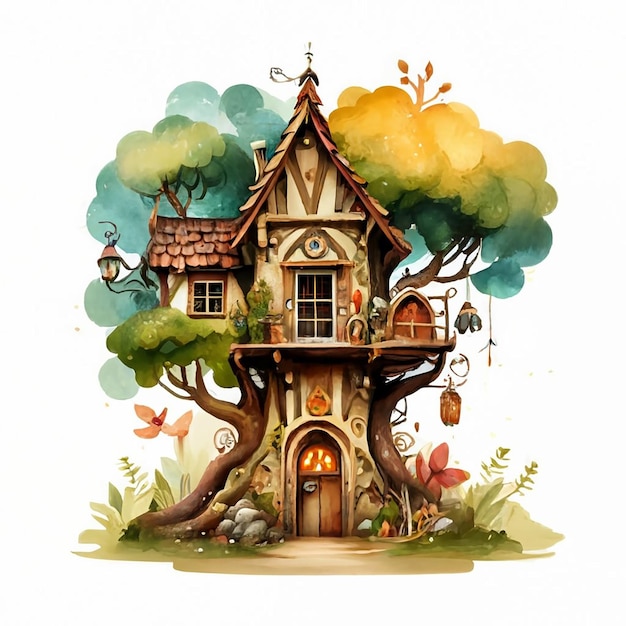 Casa del árbol de hadas acuarela Clipart ilustración vectorial dibujada a mano de una casa en el árbol con fondo blanco