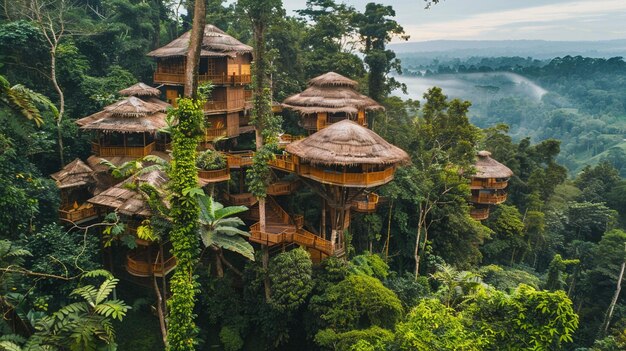 una casa de árbol en la jungla tiene una casa de árboles en la parte superior