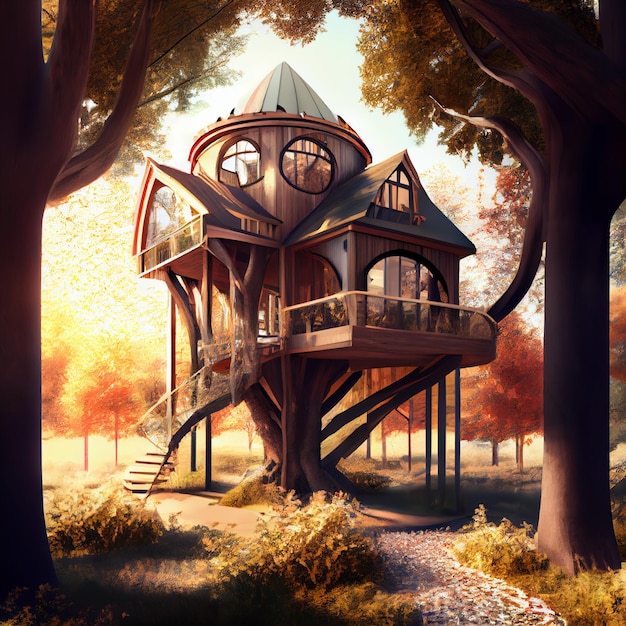 Casa de árbol de lujo en el bosque 3d render ilustración