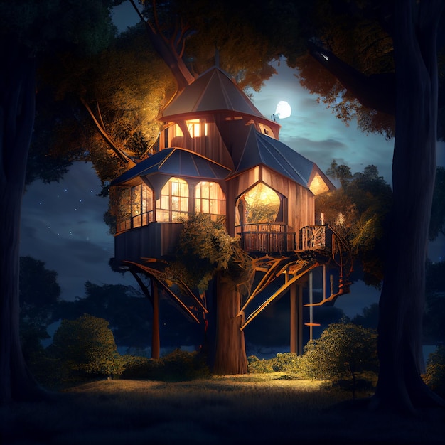 Casa de árbol de lujo en el bosque 3d render ilustración