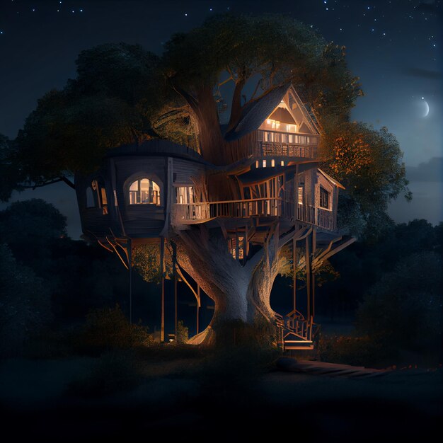 Casa de árbol de lujo en el bosque 3d render ilustración