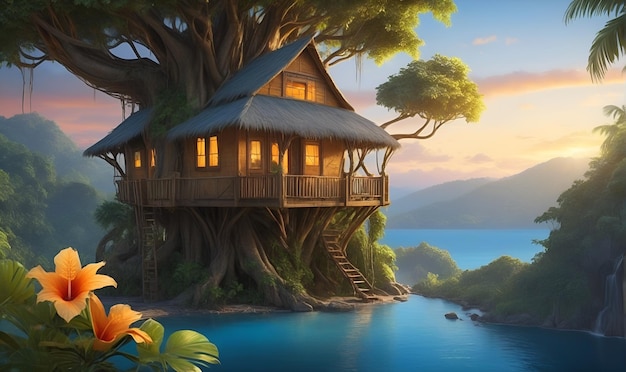 Una casa de árbol de madera con un lago en el fondo
