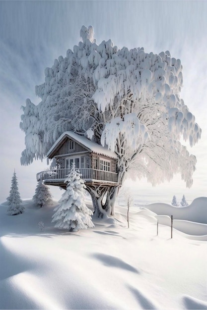 Casa del árbol en medio de un campo nevado ai generativo