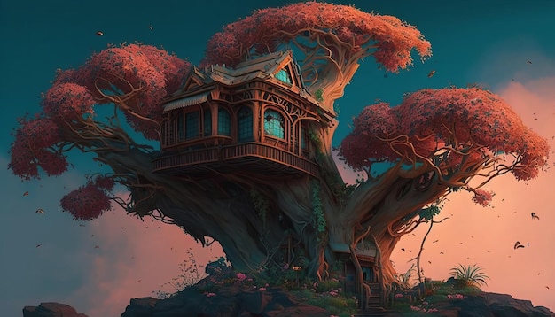 Casa del árbol en una montaña, con árbol en flor. IA generativa.