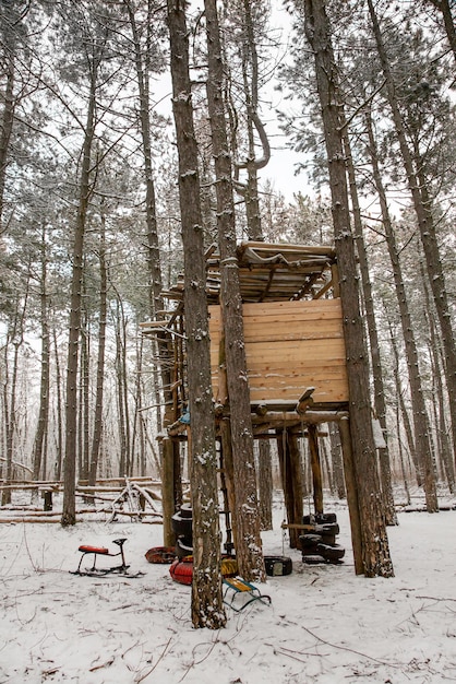 Una casa en el árbol en un parque de pinos nevados en el bosque en la naturaleza