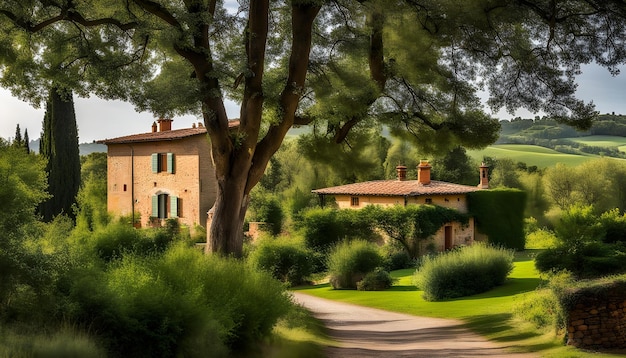 Foto una casa con un árbol en la parte delantera y una casa en el fondo