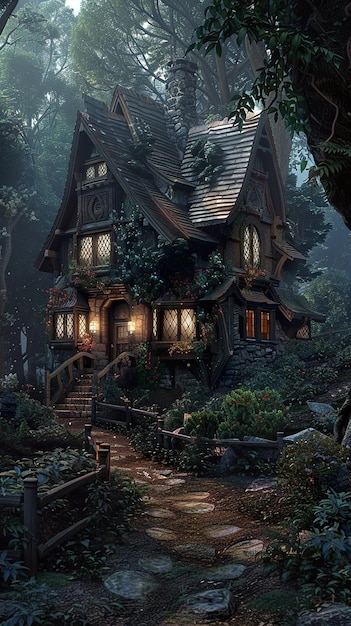 una casa con un árbol en la parte delantera y una casa a la izquierda