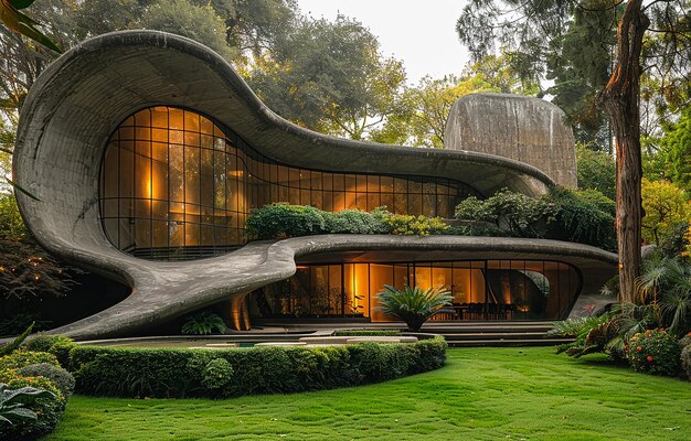 una casa con un árbol en la parte superior y un gran tronco de árbol en el medio