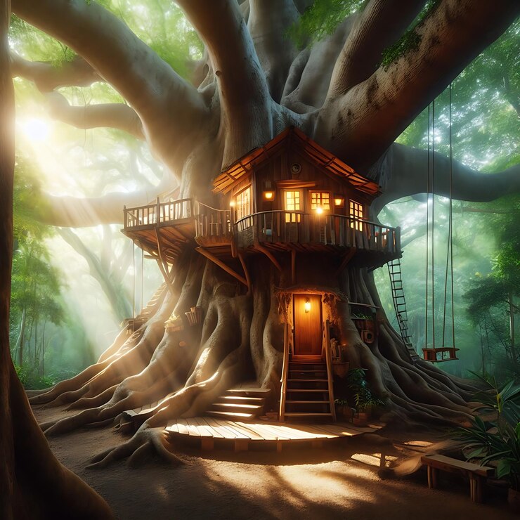 una casa de árbol que está hecha de casa de árbol y tiene una casa de árboles en la parte superior