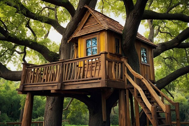 Foto casa en el árbol en ramas de roble