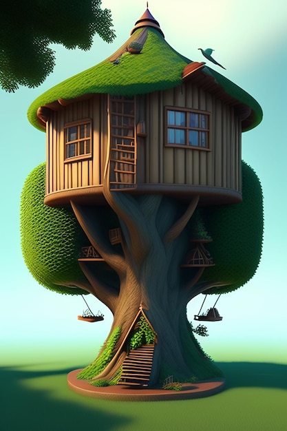 Casa en el árbol realista con pájaros.