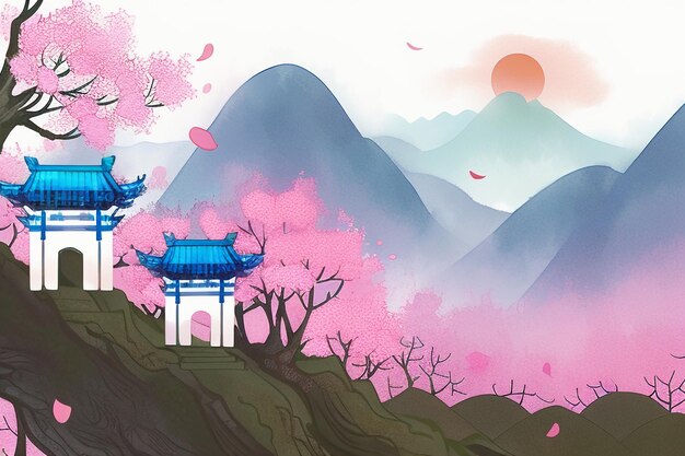 Foto casa de árbol rosa montaña puesta de sol acuarela china arte abstracto papel tapiz ilustración de fondo