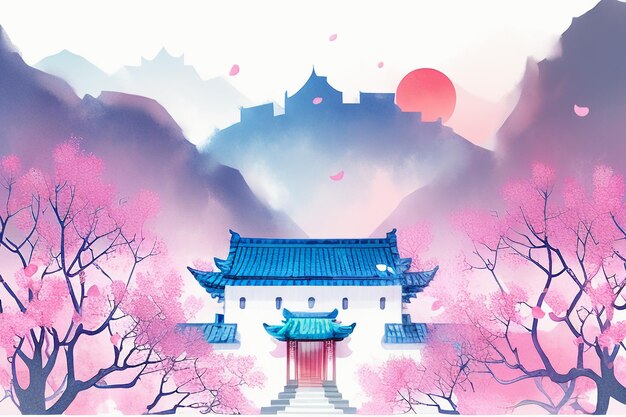 Foto casa de árbol rosa montaña puesta de sol acuarela china arte abstracto papel tapiz ilustración de fondo