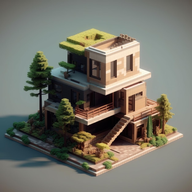 Una casa con un árbol en el techo