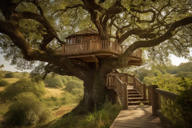 Una casa del árbol con una terraza de madera y escaleras que conducen a la terraza.