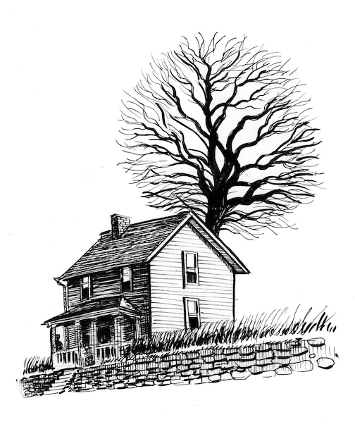 Casa y árbol viejos. Dibujo a tinta en blanco y negro