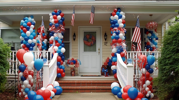 Una casa con un arco de globos rojos, blancos y azules y una bandera en la puerta principal.