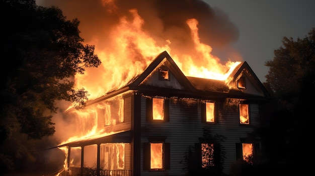 Una casa arde por la noche con la palabra fuego a un lado.