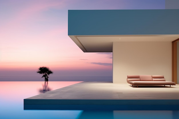 Casa de arquitectura minimalista moderna con increíble piscina infinita y puesta de sol.