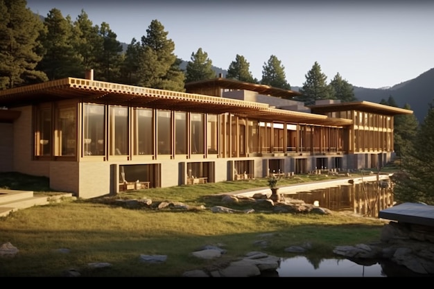 casa arrafada com uma lagoa e uma montanha no fundo generativo ai