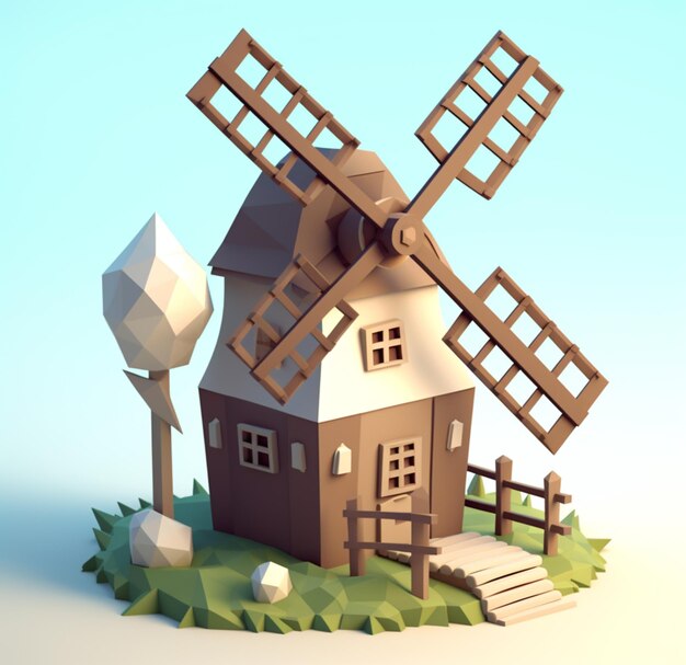 Foto casa arrafada con un molino de viento en una pequeña isla con un árbol generativo ai