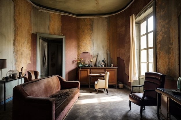 Casa art deco con paredes envejecidas y muebles elegantes en estilo vintage