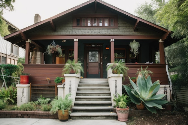 Una casa de artesanos con escalones en el porche delantero y plantas colgantes