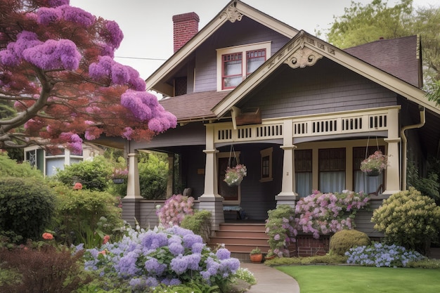 Casa de artesanos con porche delantero y linterna colgante rodeada de flores florecientes