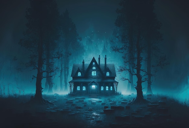 Casa assombrada assustadora na floresta Habitação de uma bruxa, um feiticeiro Névoa noturna assustadora mística Renderização em 3D gerada por IA