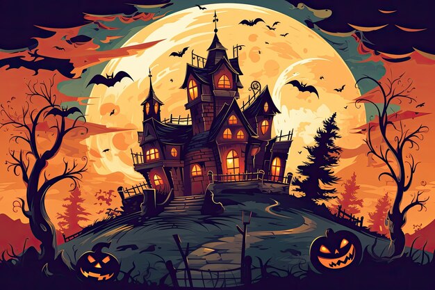 Casa assombrada assustadora na noite de halloween casa escura de halloween com abóboras geradas por ai