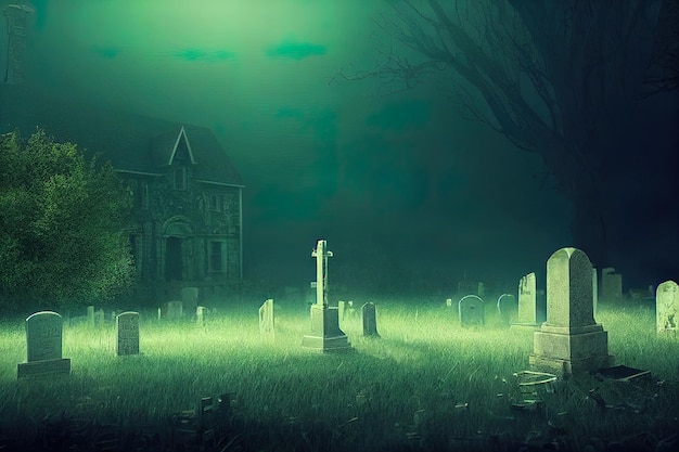 Casa assombrada assustadora no nevoeiro no cemitério noturno em primeiro plano