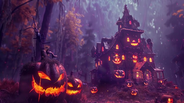 Casa assombrada cercada por abóboras em um fundo com tema de Halloween evocando vibrações assustadoras