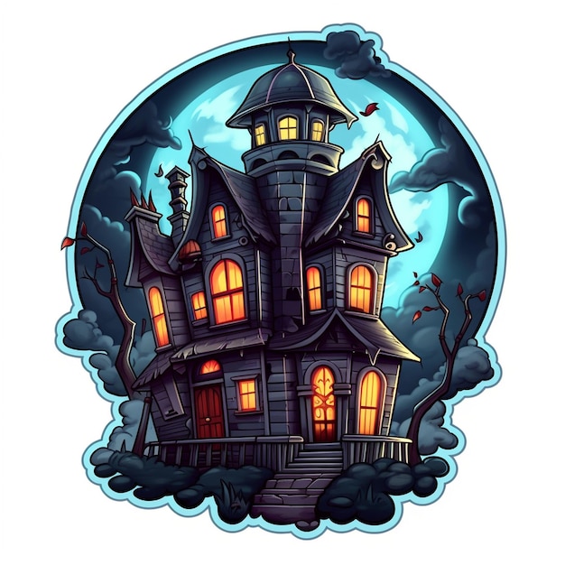 Casa assombrada de bruxa, abóboras, morcegos, design de feriado de Halloween, cabeça de abóbora assustadora