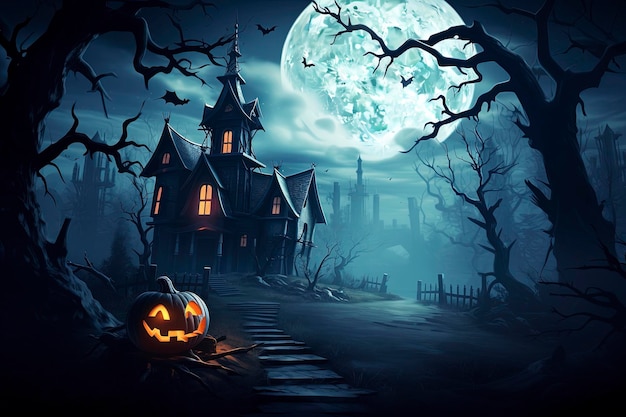 Casa assombrada de fundo de Halloween e lua cheia