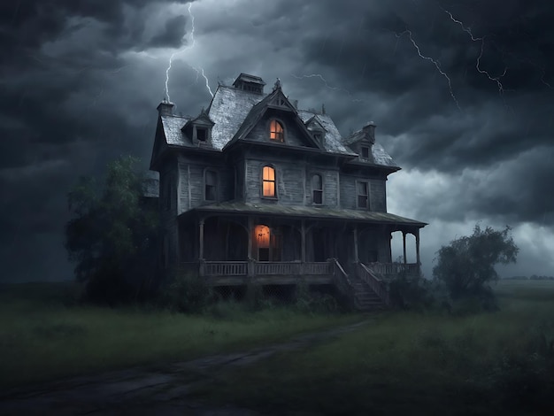 Casa assombrada em meio a uma tempestade