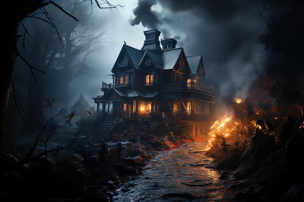Casa assombrada no conceito de celebração do halloween Casa assustadora com prédio deserto e abóbora